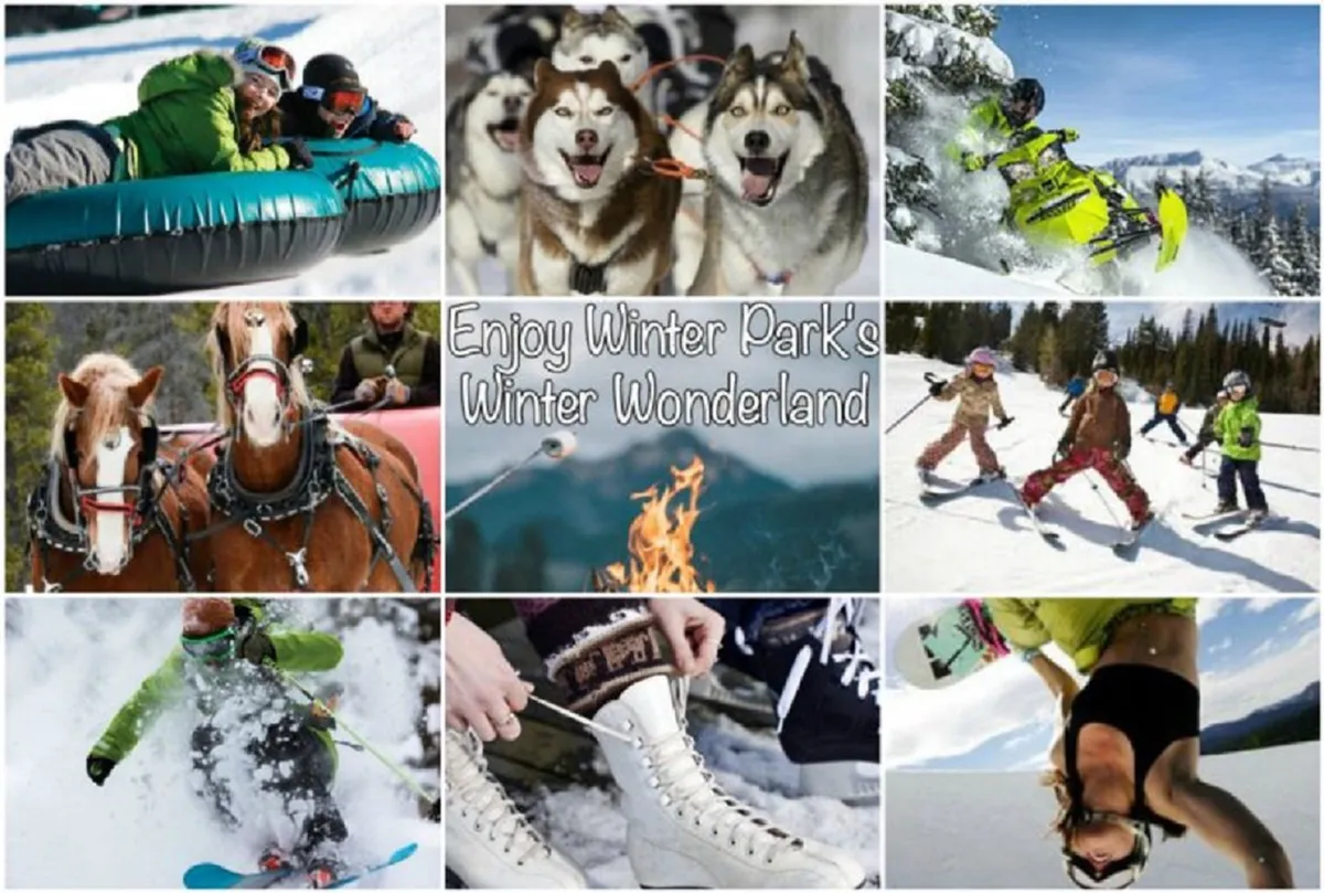 A vibrant collage of winter activities, featuring people tubing down snowy hills, snowmobiling, skiing, snowboarding, kids playing in the snow, and dog sledding with huskies. The scene is lively and playful, evoking the fun and variety of winter recreation available.