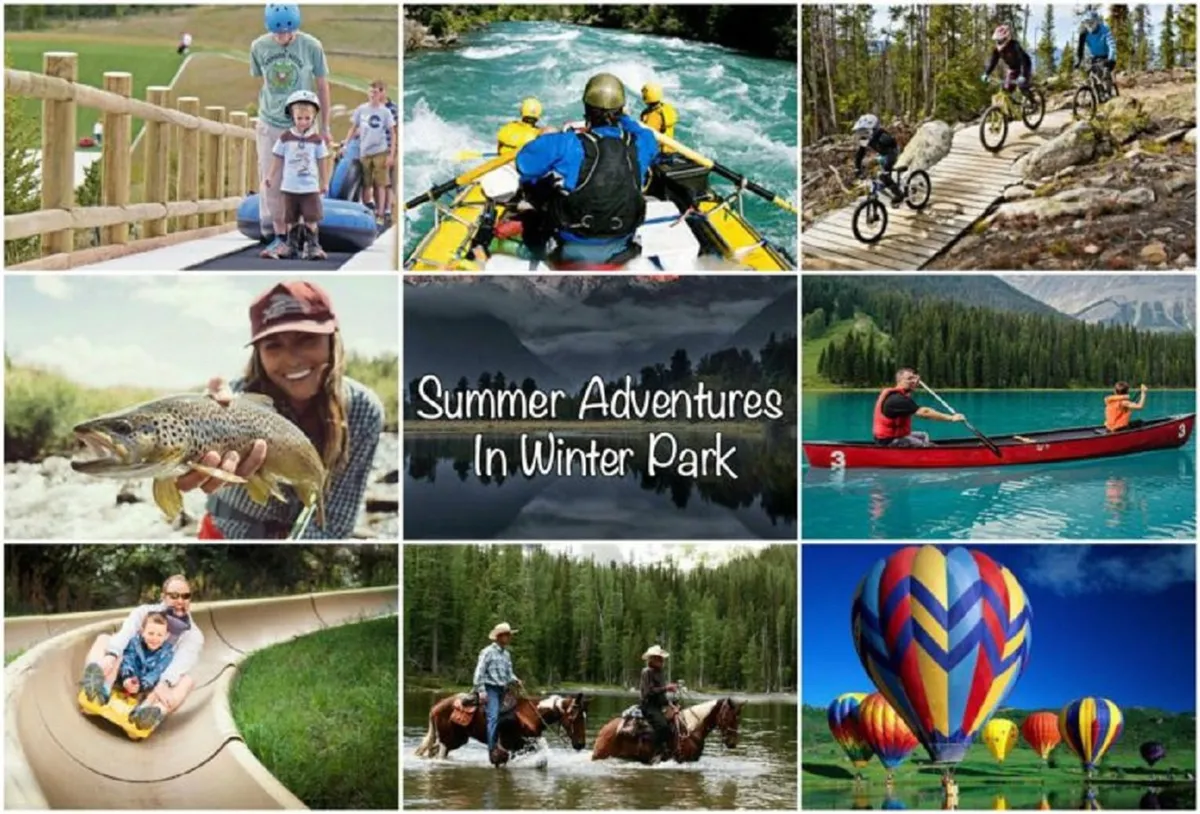 A dynamic scene capturing summer outdoor adventures: families and groups enjoy white-water rafting, mountain biking, horseback riding, boating, and even a hot air balloon ride, all set against a lush natural backdrop.